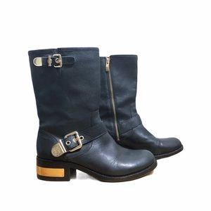 Vince Canute Black Leather Moto Boots Buckles Sz 8